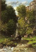 A Family of Deer in a Landscape with a Waterfall Gustave Courbet